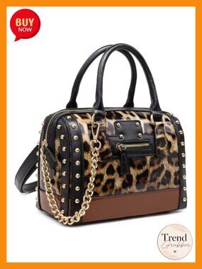 Shiny Patent Faux Leather Barrel Satchel Handbag with Rivet Decoration